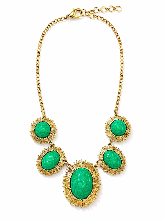 Emerald & Gold Tone Cabochon Statement Necklace & Bracelet Set