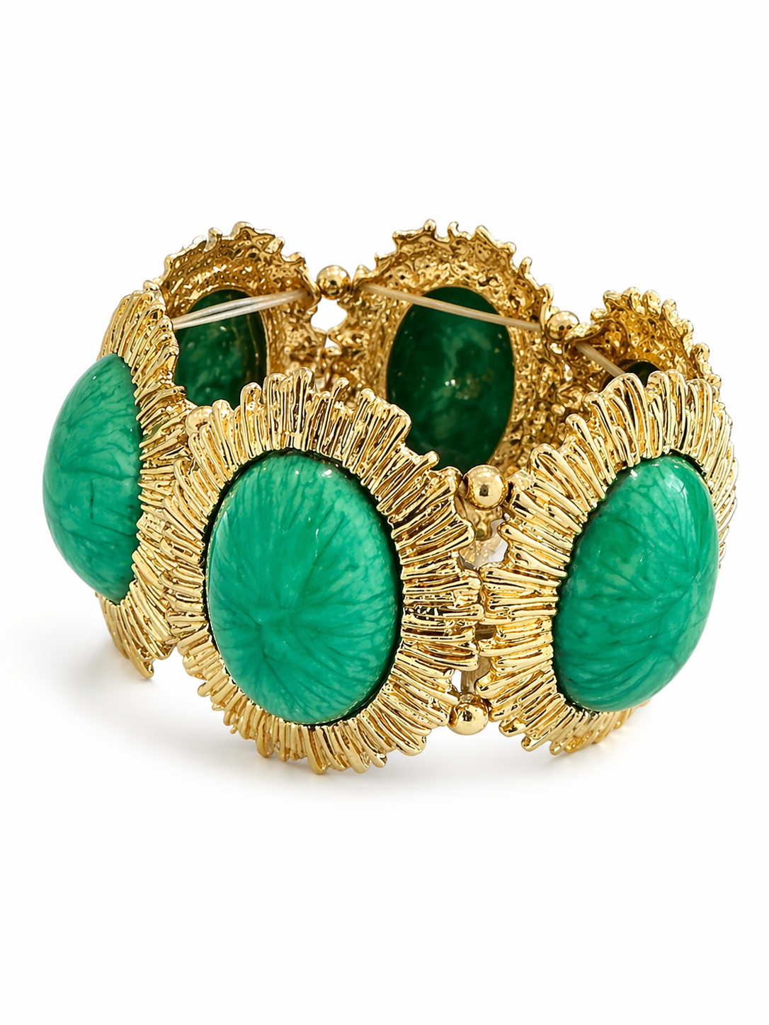 Emerald & Gold Tone Cabochon Statement Necklace & Bracelet Set