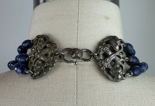 Vintage Afghan Lapis Lazuli Statement Necklace: Crescent Pendant with Coin Fringe