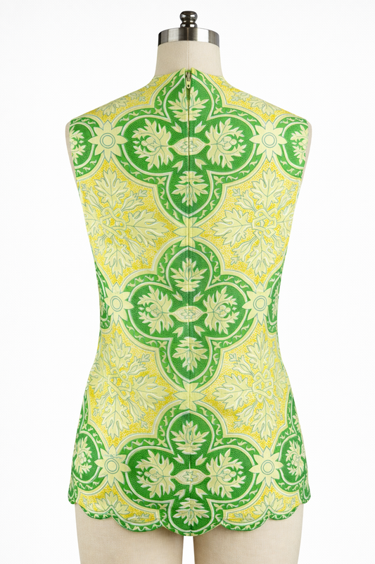 Rare Vintage Mr. Dino Mod Jacquard Print Tunic Top: Scalloped Hem, Signed Fabric