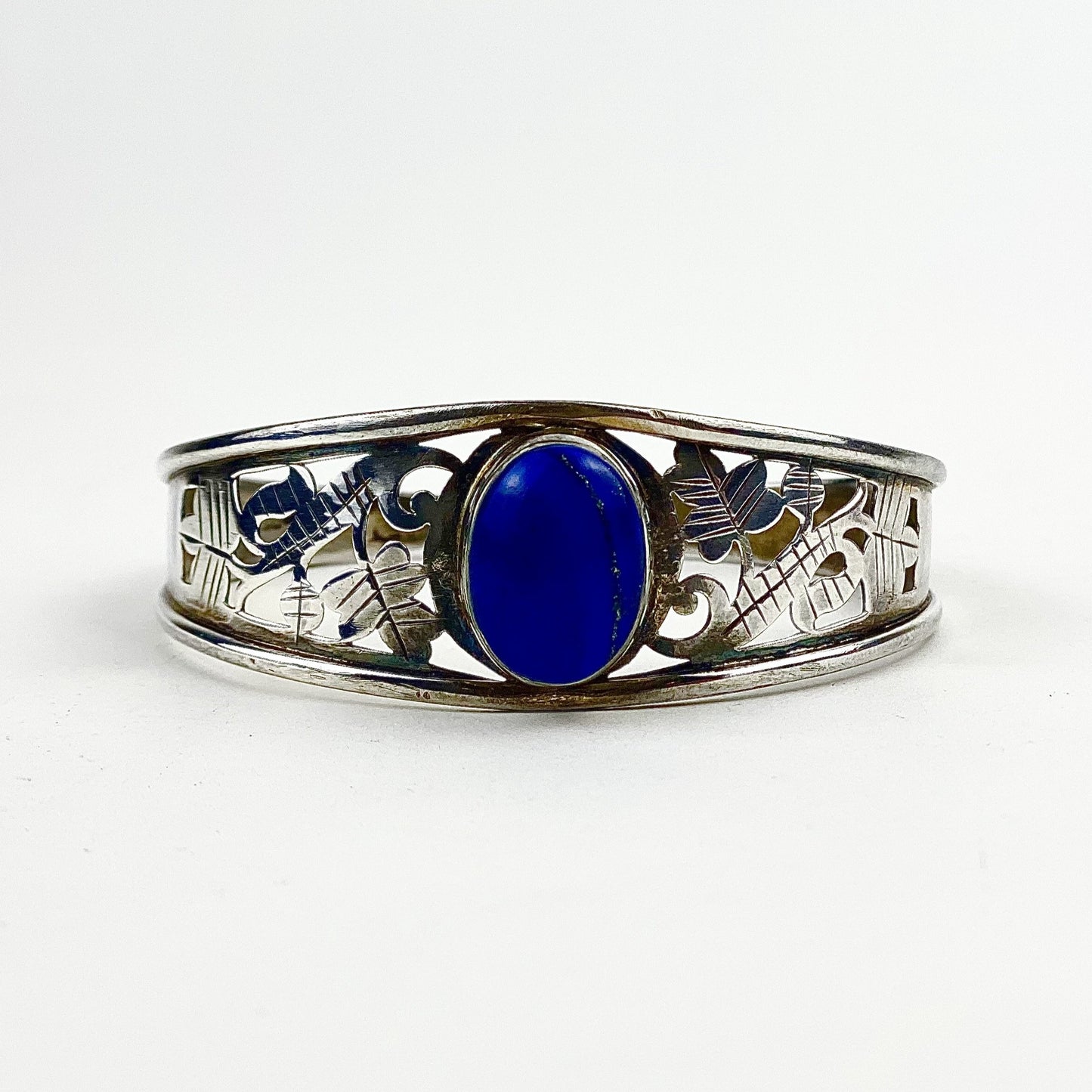 Lapis Floral Engraved Cuff Bracelet
