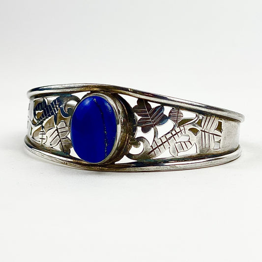 Lapis Floral Engraved Cuff Bracelet