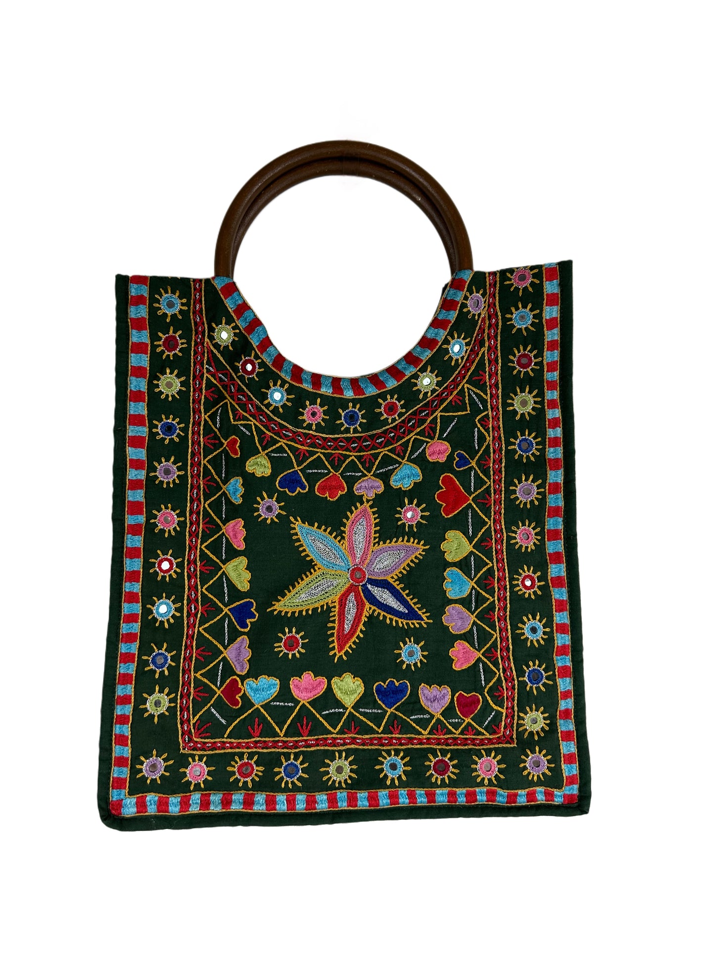 Vintage Hand Embroidered Tote w Wood Handle - Made in Afghanistan