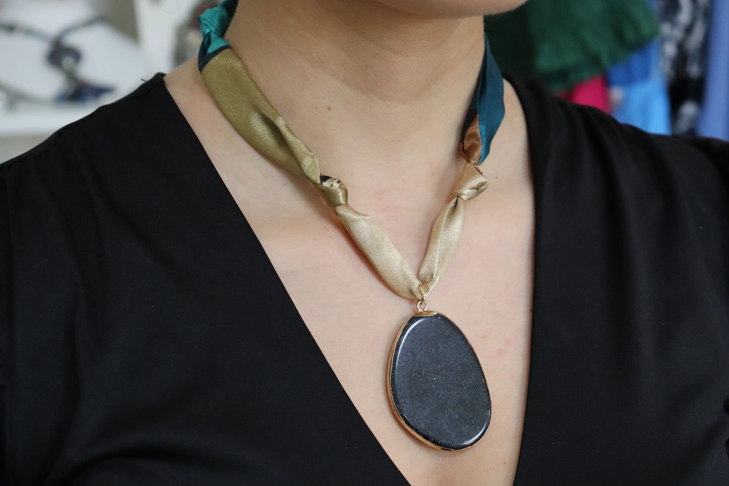 Midnight Stone Pendant Scarf Necklace