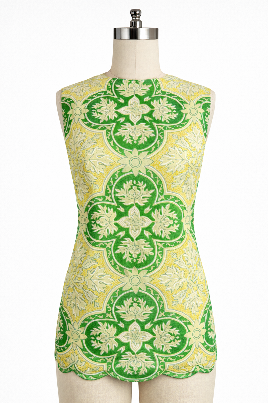 Rare Vintage Mr. Dino Mod Jacquard Print Tunic Top: Scalloped Hem, Signed Fabric