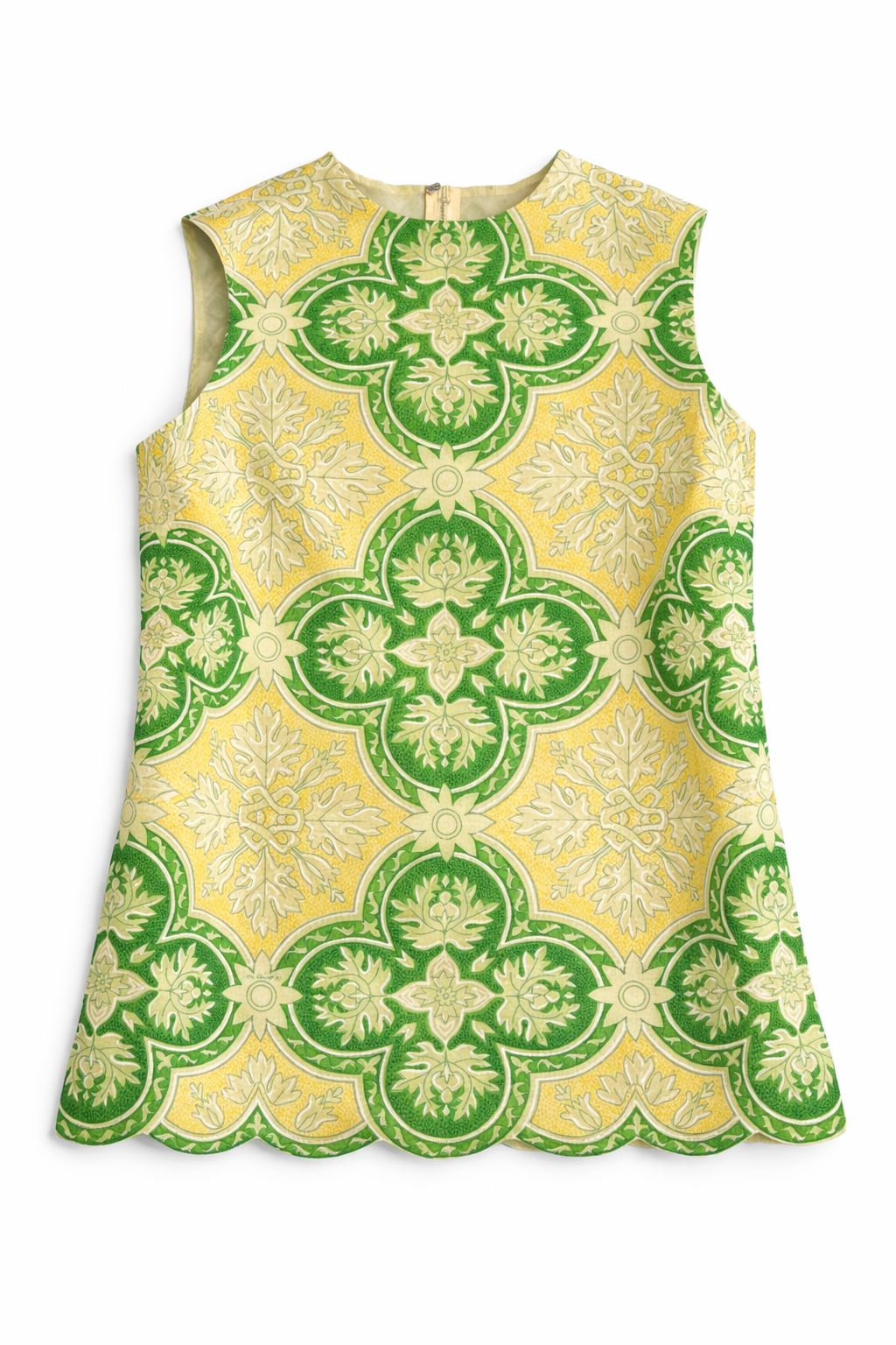 Rare Vintage Mr. Dino Mod Jacquard Print Tunic Top: Scalloped Hem, Signed Fabric