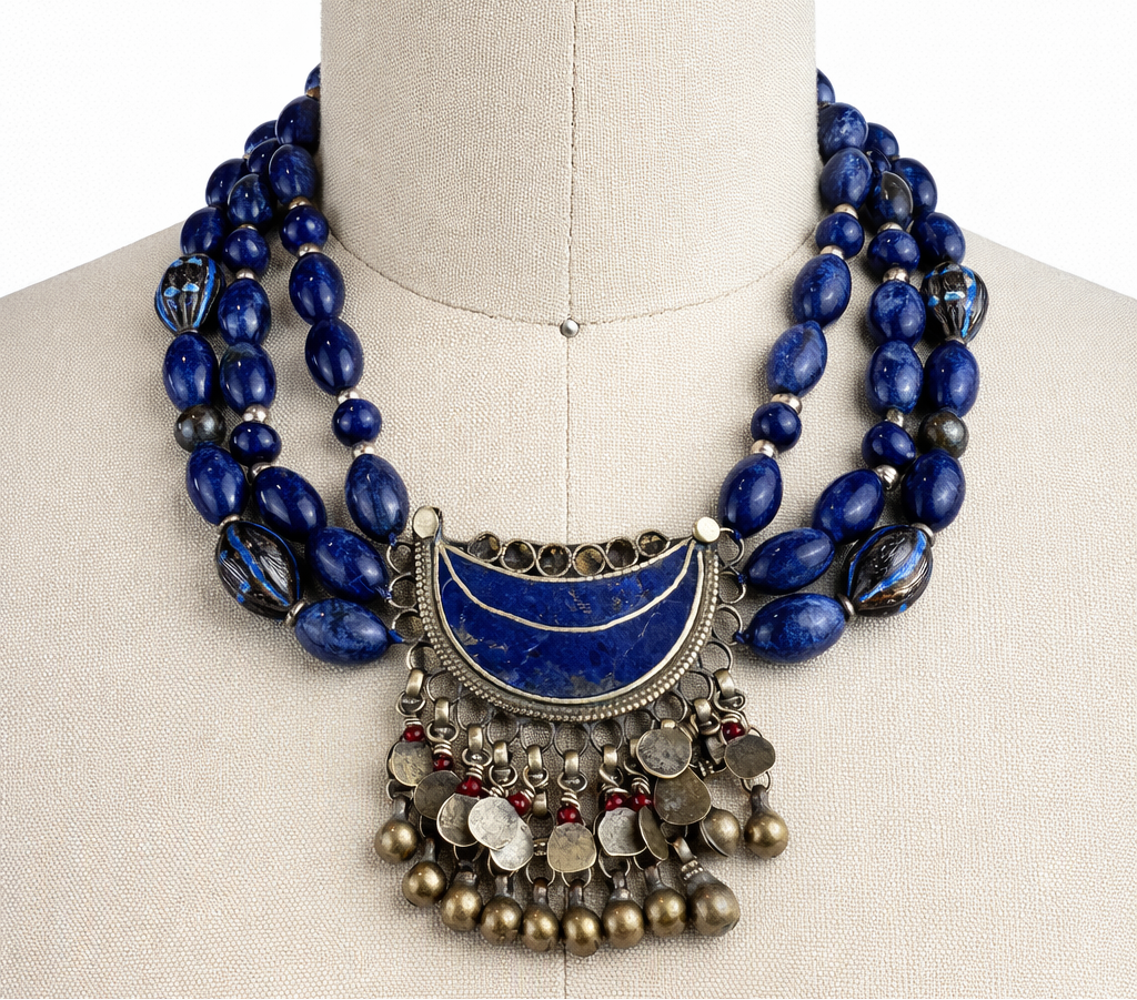 Vintage Afghan Lapis Lazuli Statement Necklace: Crescent Pendant