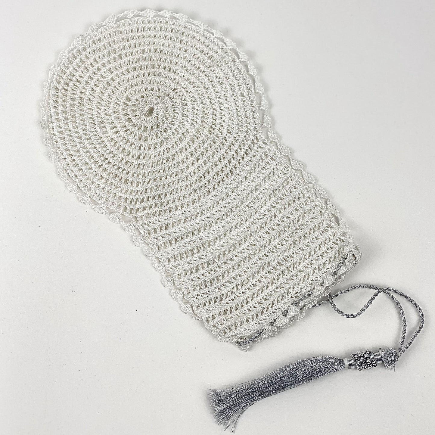 White/Silver Tassel Hand Crocheted Bath Mitt - Bibi Aisha Leef/Keesah