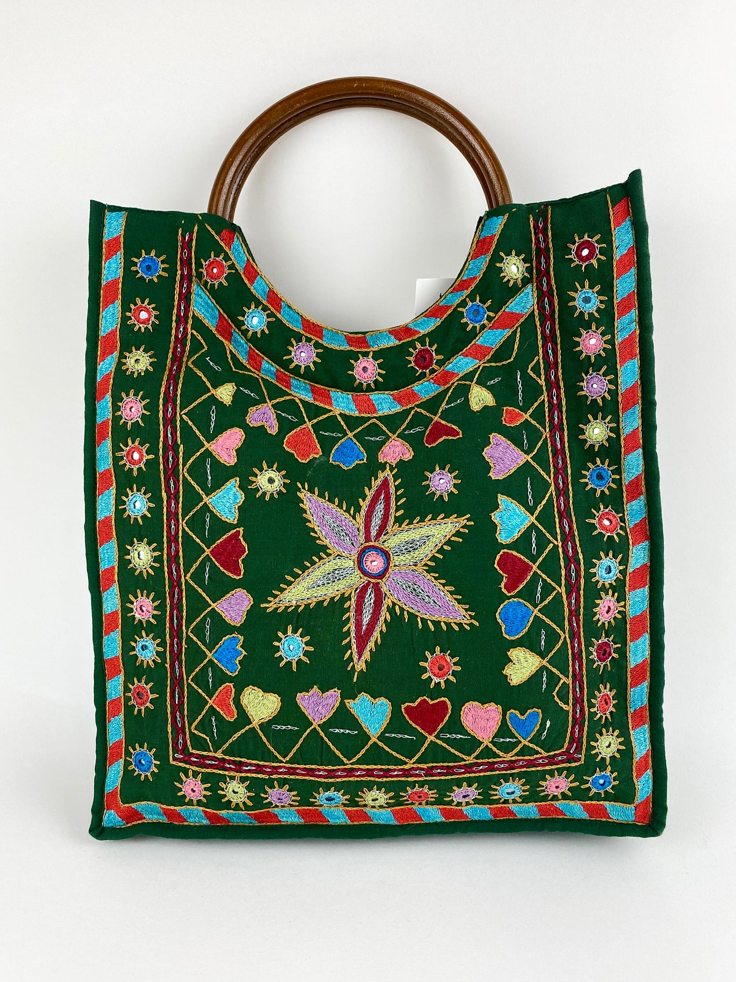 Hand Embroidered Tote w Wood Handle