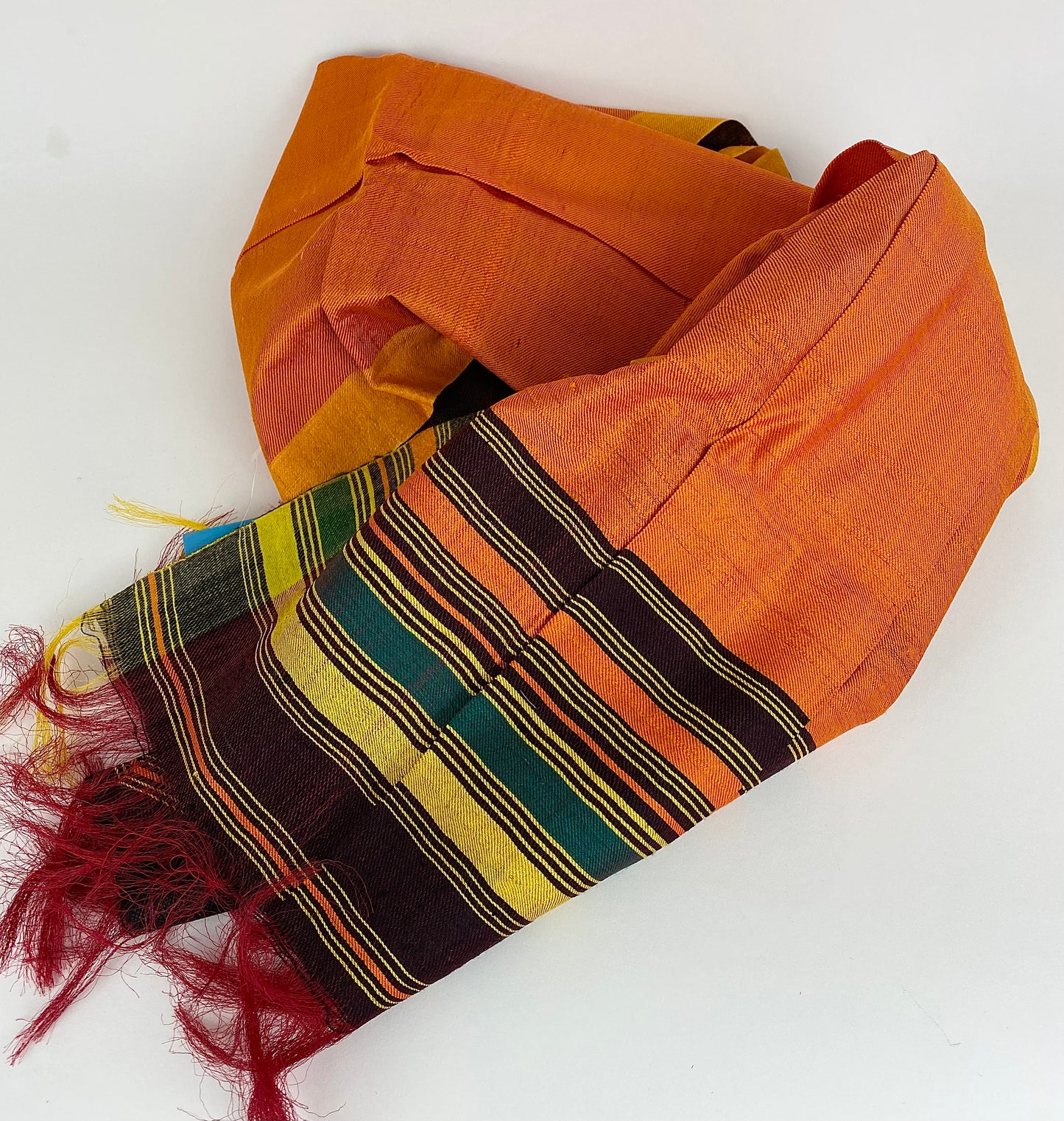Orange Silk Scarf - Shawl with Stripes