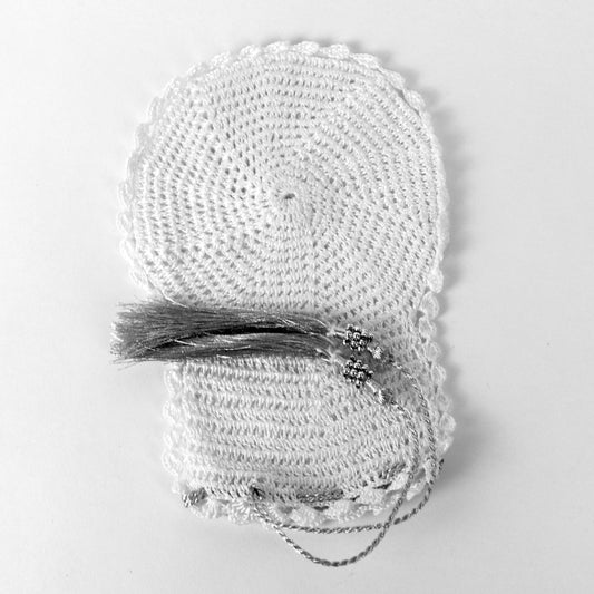 White/Silver Tassel Hand Crocheted Bath Mitt - Bibi Aisha Leef/Keesah