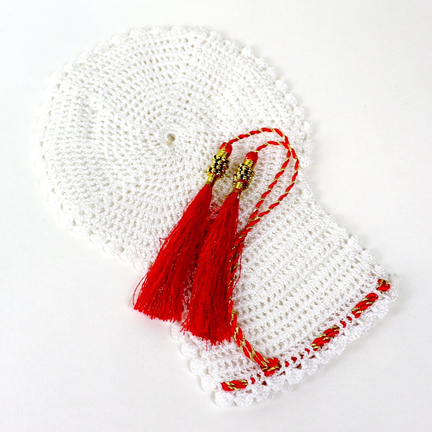 White/Red Tassel Hand Crocheted Bath Mitt  - Bibi Aisha Leef/Keesah Collection