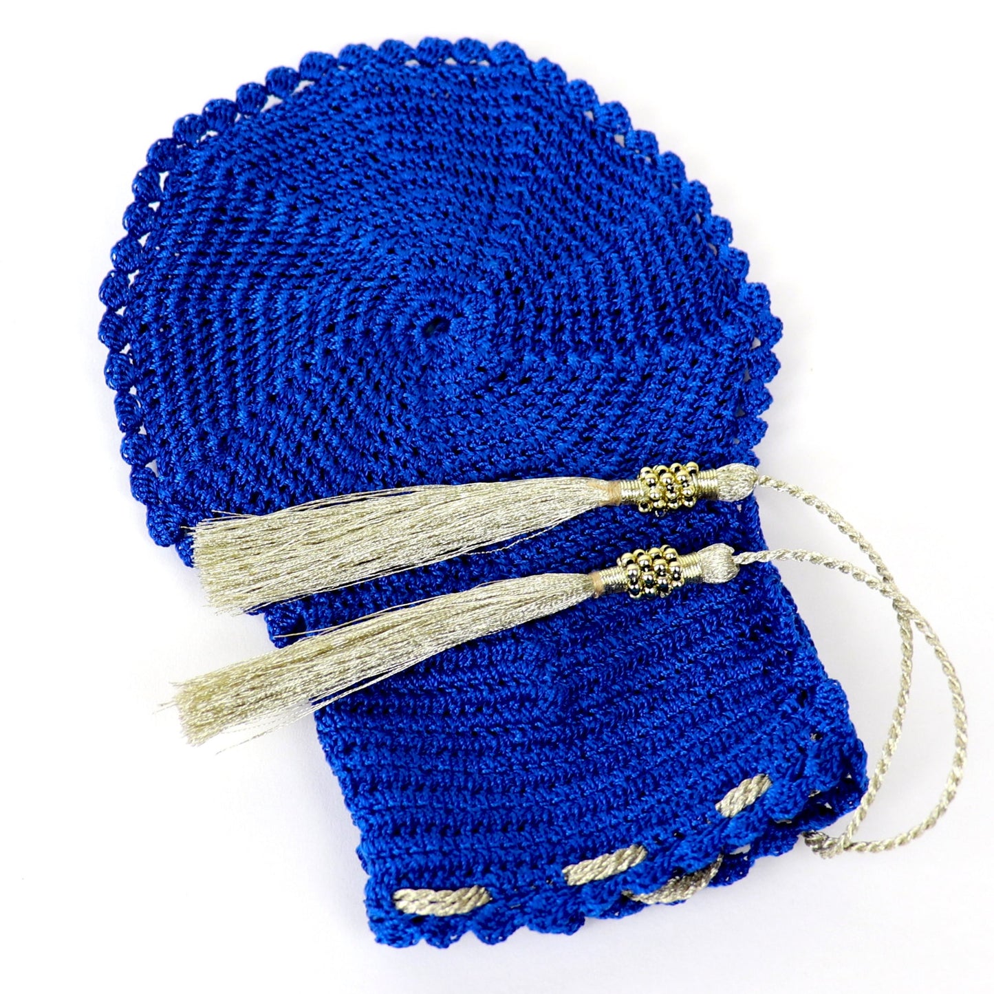 Dark Blue/Gold Tassel Hand Crocheted Bath Mitt - Bibi Aisha Leef/Keesah Collection