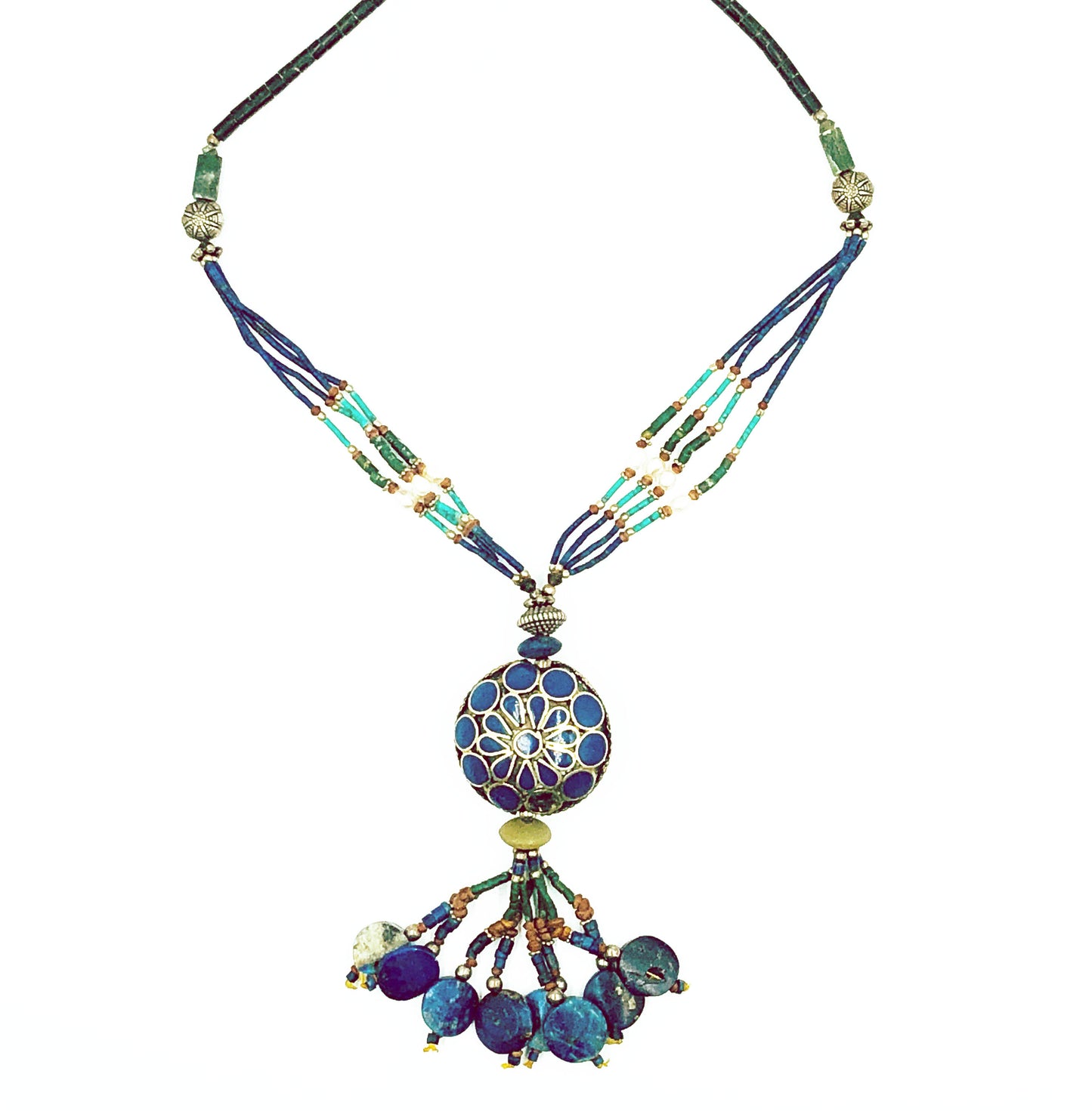 Hand Beaded Lapis + Stone Necklace